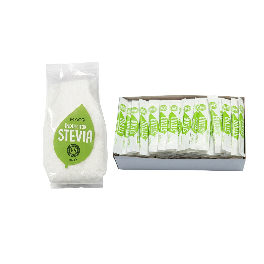 Pachetul Cafea — Îndulcitor Stevia Maco 500g + Cutie 200 Plicuri 1g, Raport 1:4, 0 Calorii