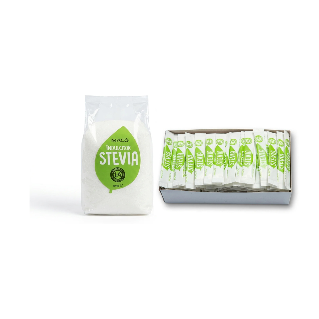 Pachetul Bucătărie — Îndulcitor Stevia Maco 1kg + Cutie 200 Plicuri 1g, Raport 1:4, 0 Calorii