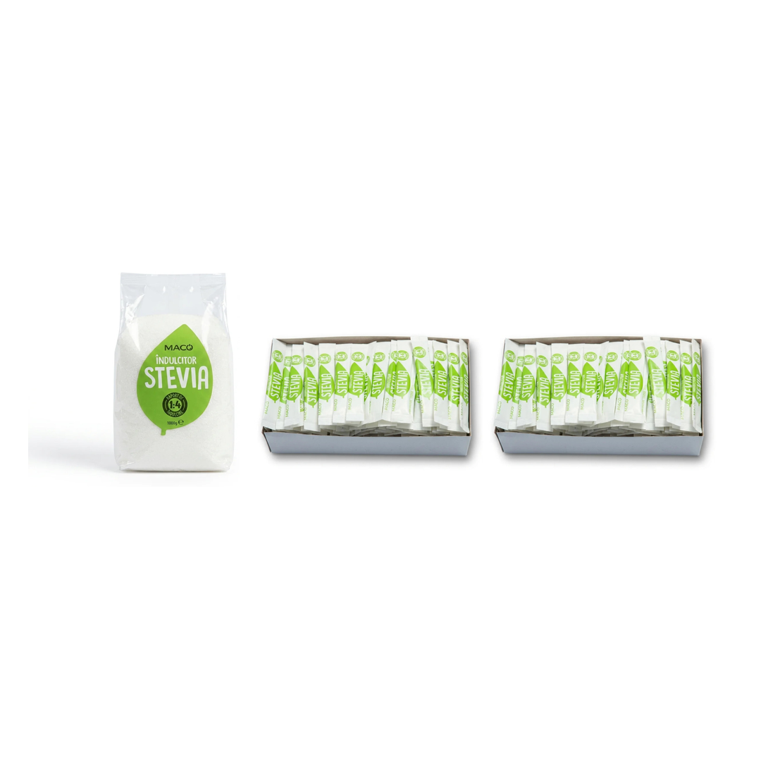Pachetul Provizie — Îndulcitor Stevia Maco 1kg + 2 × Cutie 200 Plicuri 1g, Raport 1:4, 0 Calorii